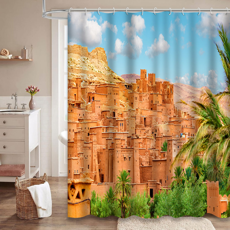 Morocco Desert Mountains Africa Heritage Shower Curtain with 12 Hooks, 72" L x 72" W