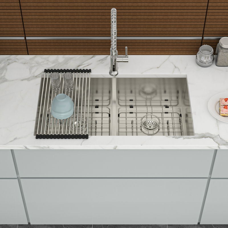 Double Bowl Undermount Sink 33"X19", 16 Gauge Stainless Steel, 10" Deep Basin, X Grooves For Quick Water Drainage 33"X19" Steel Sink, Installation, Gauge,