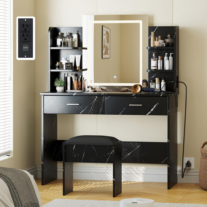 Vanity Desk with Mirror & LED Lights, 41.3" Wide, Power Outlet, 2 Large Drawers, 6 Open Storage Shelves