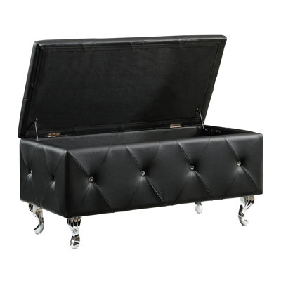 Black Tufted Bonded Leather Storage Bench with Crystal Button Details and Flip-Top Lid