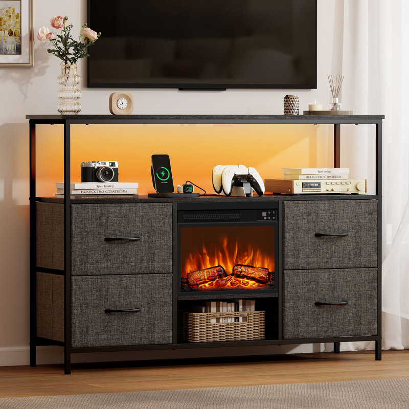Fireplace TV Stand with 4 Fabric Drawers, Entertainment Center with Fireplace, TV Stand Dresser, TV Console Table for 55 inch TV, for Living Room, Bedroom