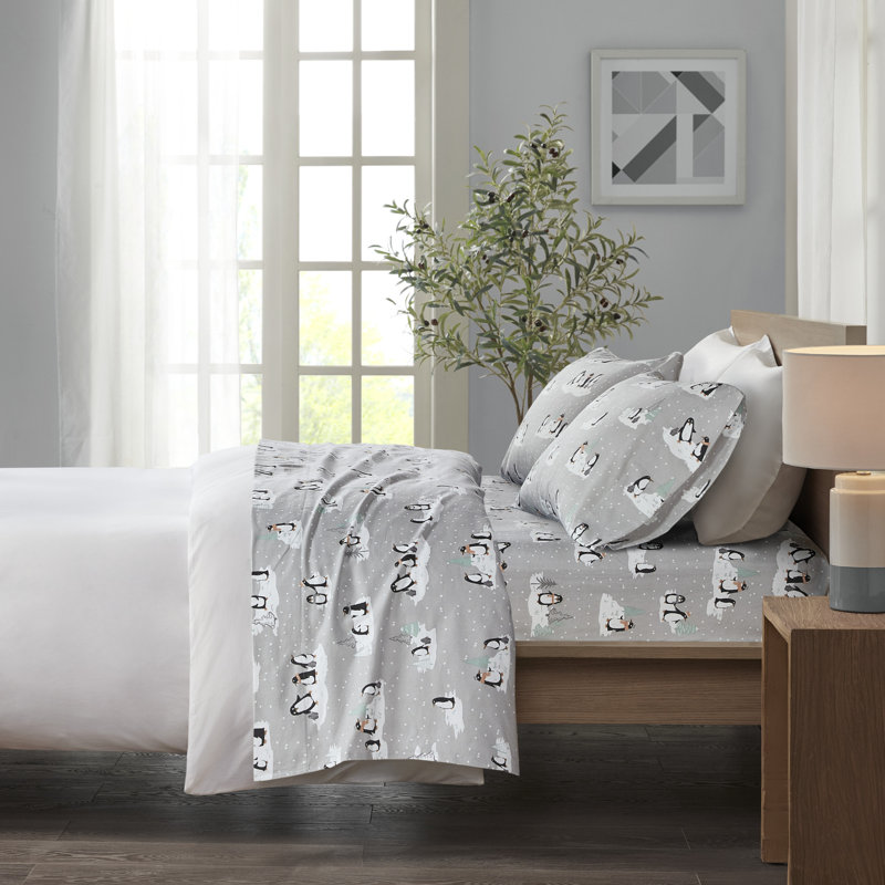 Ensemble de draps 100% coton Cozy, Ensemble de draps pour très grand lit avec 2 taie, Pingouins, gris