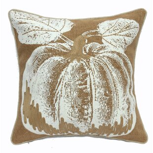 Fall Coastal Indoor Outdoor Pillow Cover, Embroidered Pumpkin with Fringed Trim, Neutral Tan, 20x20