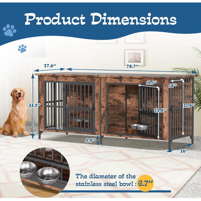  79" Dog Crate Furniture For 2 Dogs, Large Dog Kennel With 360° Rotating Feeder Bowls, Indoor Double Dogs Crates With 4 Doors, Wooden Crate Tv Stand With Removable Divider