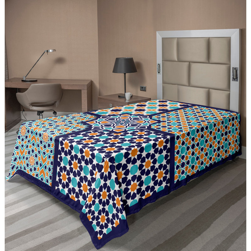 Ambesonne Orient Top Flat Sheet Mosaic Motifs, Twin Flat Sheet, Blue Orange White Patchwork