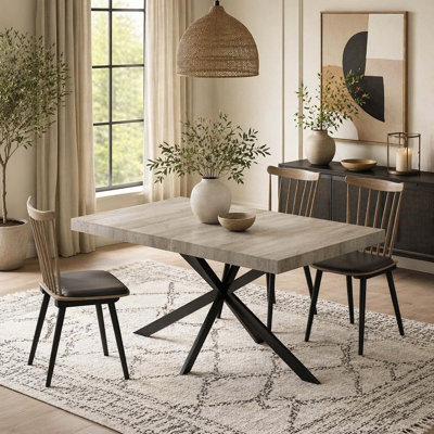 55.11'' -70.86"Retro Rectangular Stretch Dining Table, Grey Carole Top With Black Embossed Center Plate, Black Fine Sand Cross Iron Foot Base Dining T
