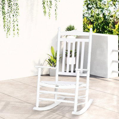Chaise berçante de véranda - en bois traditionnel, blanc, dossier haut, siège ergonomique, capacité de charge de 330 lb, siège protégé pour l'extérieur de 26,25 po de largeur