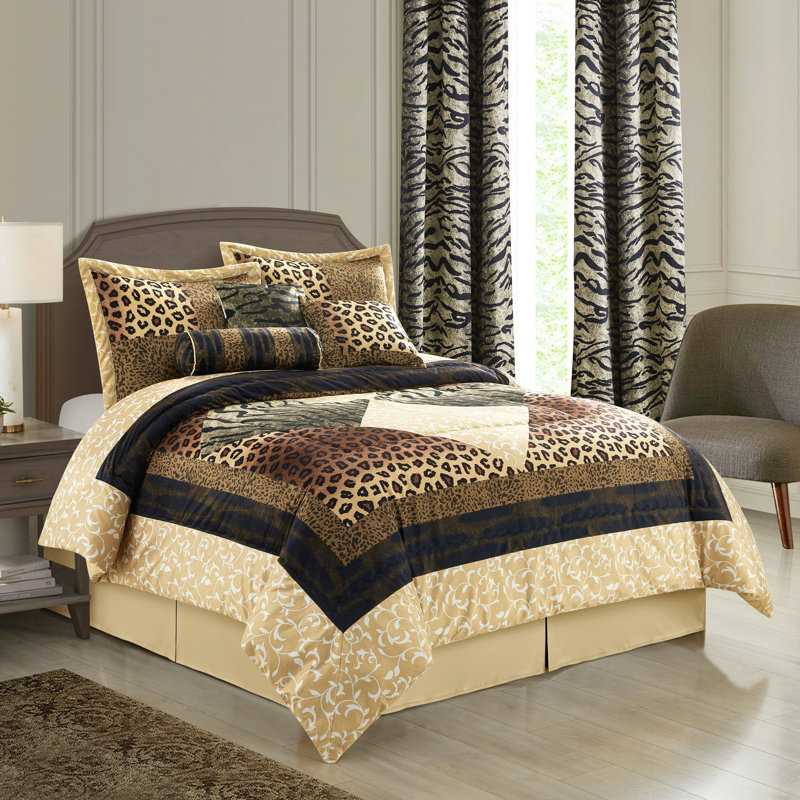 Queen Brown Gold Microfiber Safari Comforter Set with Curtains