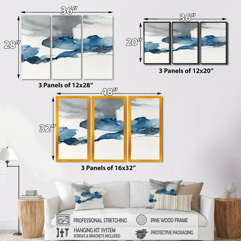 Saphir bleu nébuleux X Saphir bleu nébuleux X - 3 pièces sur toile, Toile avec cadre naturel, H 20 po x l 36 po x P 1 po