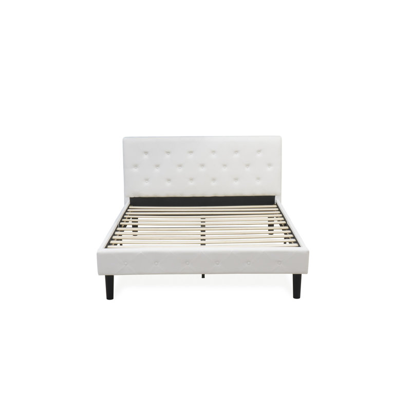 Ensemble de chambre à coucher 3 pièces - Grand lit capitonné à boutons - Tissu en velours blanc lin et tête de lit tapissier et table de chevet au fini lin blanc