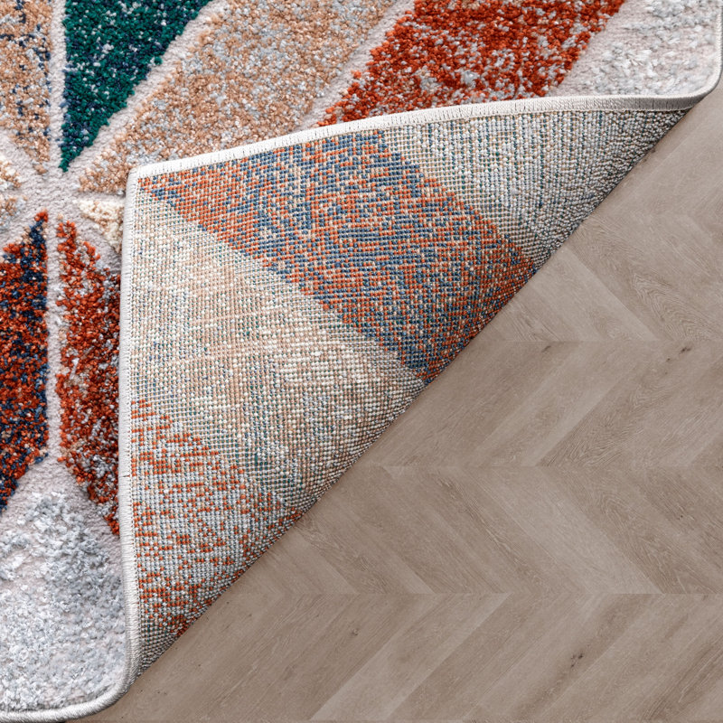Geometric Blue and Orange Synthetic Area Rug, 5'3" x 7'3"