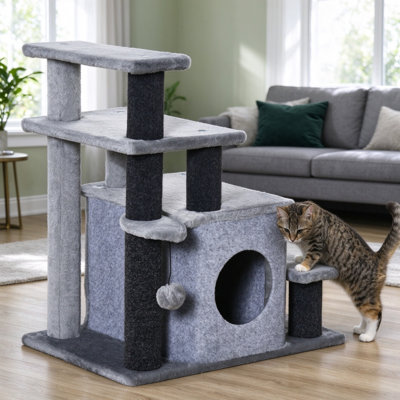 Adjustable Cat Steps with Cat House & Hanging Toy Ball, Grey