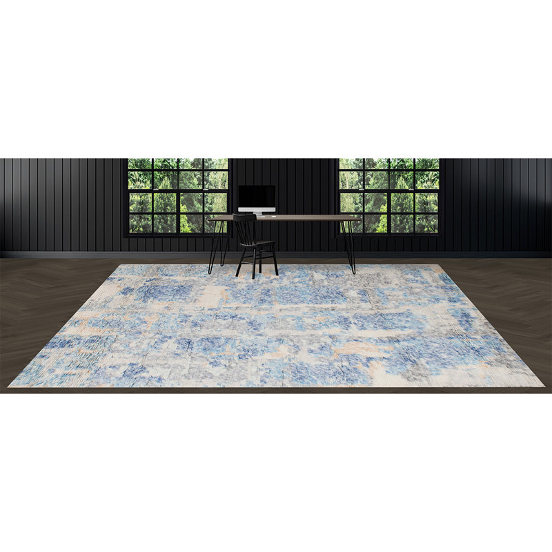 Tapis bleu / beige / gris noué à la main de haute qualité, Rectangle 8 pi x 10 pi
