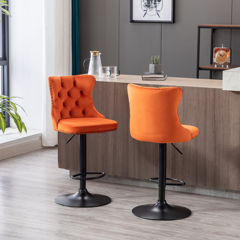 Cayson Velvet Swivel Bar Stools with Adjustable Height, Orange