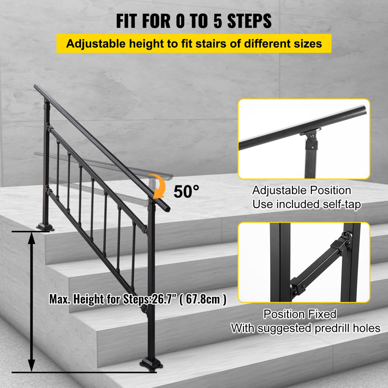 Rambarde d'escalier extérieure, compatible avec les escaliers de 1 à 5 marches, style transitionnel, en fer forgé, réglable, avec barrière, pour marches en béton, trousse d'installation incluse, noir mat