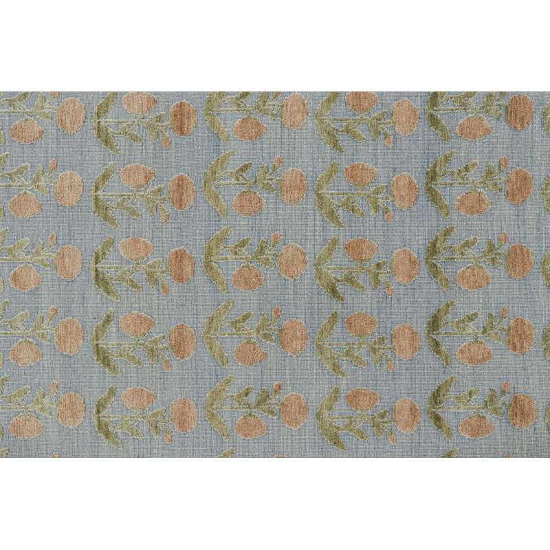 Rug & Kilim’S Block Print Rug Design With Brown And Green Floral Patterns, Rectangle 6' x 9'