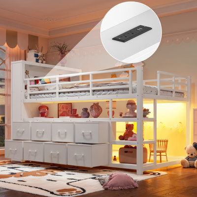 Lit mezzanine simple en bois avec tablettes, tiroirs, tringle à vêtements, lumières DEL et port de charge USB