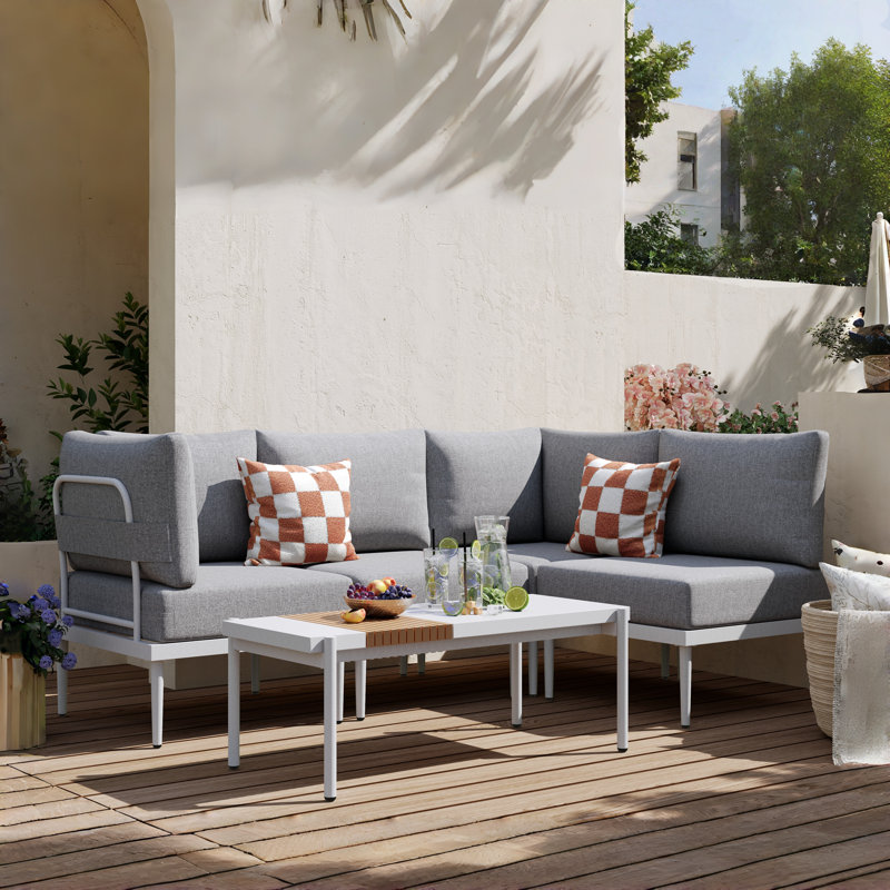 5-Pcs Metal Outdoor Patio Conversation Sets with Updated Coffee Table & Olefin Cushions, White
