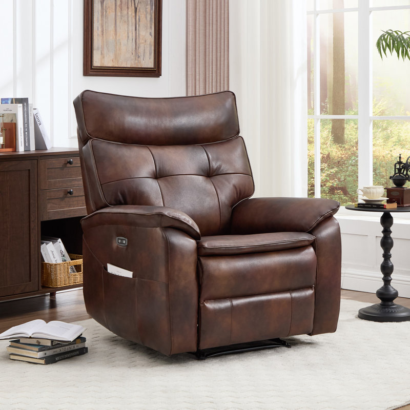 35.8" Wide Sleek Modern Top Genuine Leather Upholstered Power Recliner With Side Pocket & USB Port, Brown