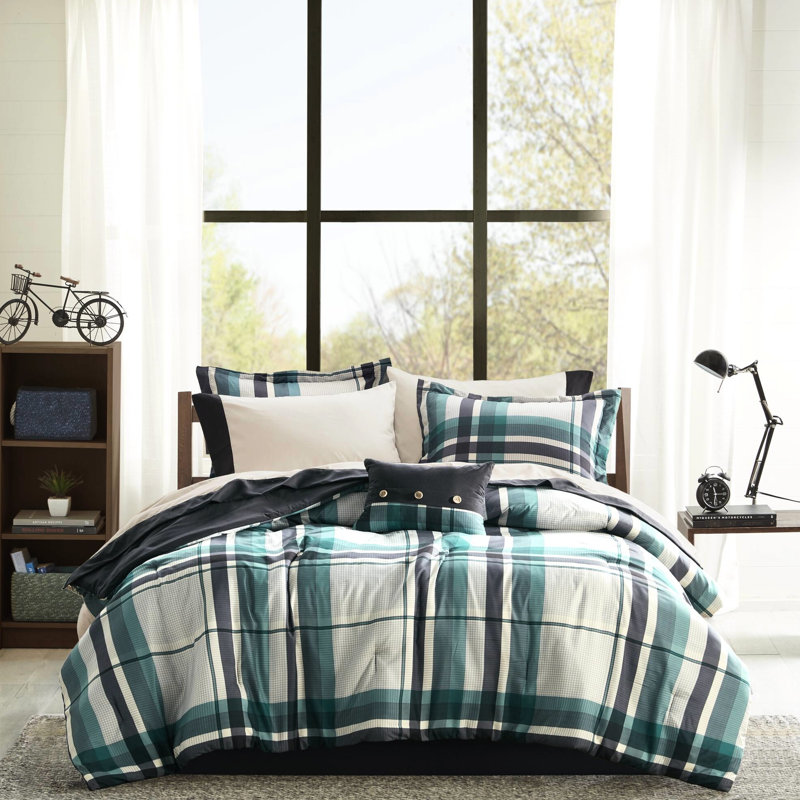 Drap de lit édredon simple TG - 7 pièces de literie en microfibre bleu sarcelle / noir, rembourrage, housse de coussin contrastante, lavable à la machine, conception sécuritaire pour la peau et les pièces, drap uni assorti, preuve