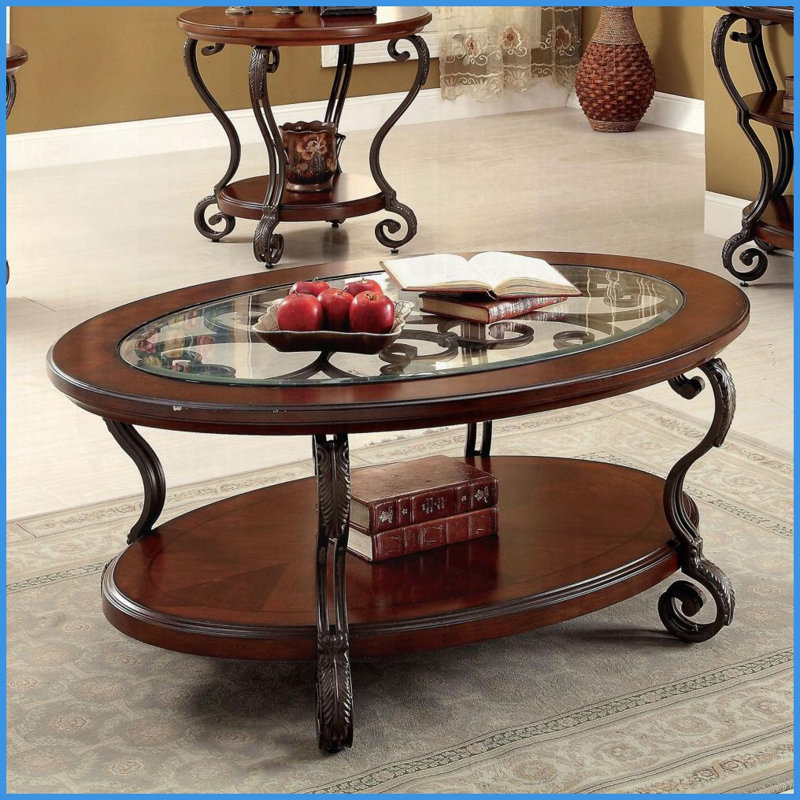 Table basse traditionnelle en cerisier brun avec pattes décoratives en métal Tablette inférieure ouverte pour le salon