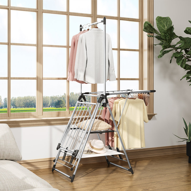 Clothes Drying Rack with High Hanger, Foldable 3-Level Drying Racks with Adjustable Wings Silver,Large Capacity Laundry Drying Rack,Laundry Hanging Rack,Laundry Rack