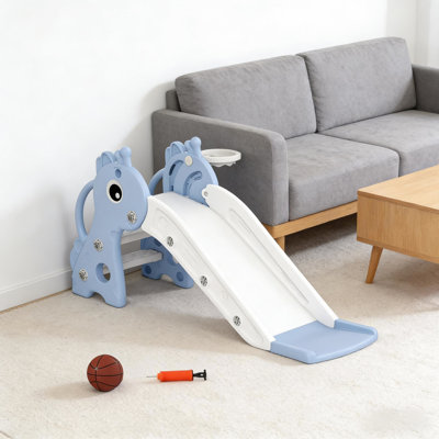 Glissade autoportante avec motif de girafe, grimpeur à 3 marches, cadre, construction, surface antidérapante, rampes latérales pour plus de stabilité, 1 an et plus approuvé, bleu et blanc, assemblage facile