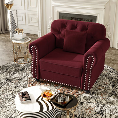 Fauteuil 1 place bordeaux 105 cm (41,3 po) en velours capitonné, style moderne du milieu du siècle, capitonnage à boutons et clous décoratifs, coussins confortables en mousse haute densité et ressorts.