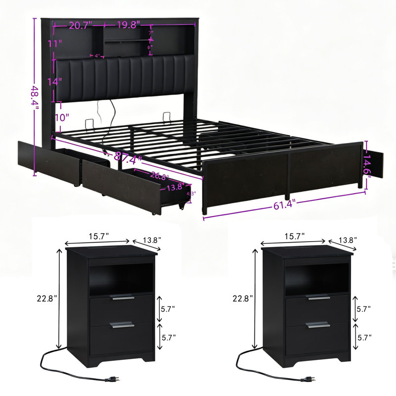Ensemble de chambre avec grand lit en métal 3 pièces avec tête de lit tapissier, station de charge, lumières DEL, tête de lit haute et 4 tiroirs, capacité de poids de 1200 lb