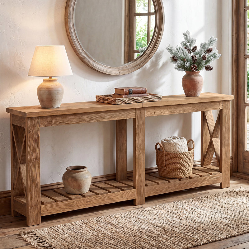Solid Wood Console Table For Entryway, 70.9" Farmhouse Sofa Table Behind Couch With Storage Shelves For Living Room, Foyer, Hallway
