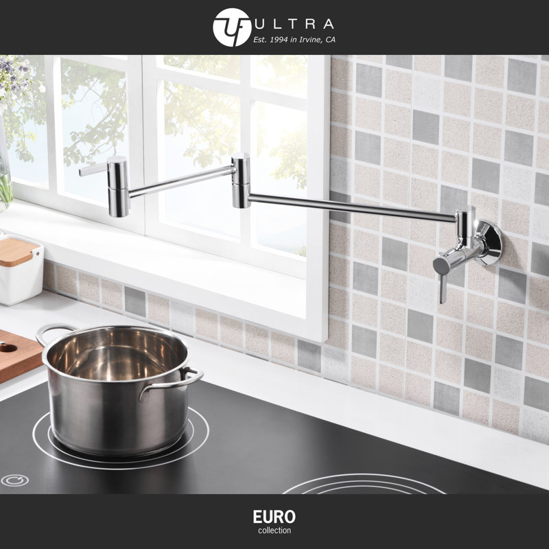 Euro Collection Wall Mount Contemporary Kitchen Pot Filler Faucet - Chrome Polished, Chrome Polished