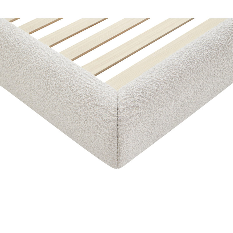 Modern upholstered storage bed in cream boucle fabric with lift-up storage and curved headboard, Queen
