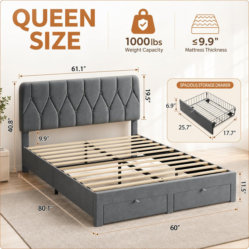 Structure de lit avec 2 tiroirs de rangement, structure de lit tapissier en velours avec tête de lit, Queen, Gray