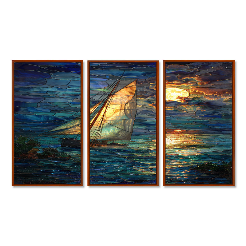 Voilier sur des vagues turquoise sous la pleine lune blanche - ensemble d'art mural plage et océan, Cadre flottant brun
