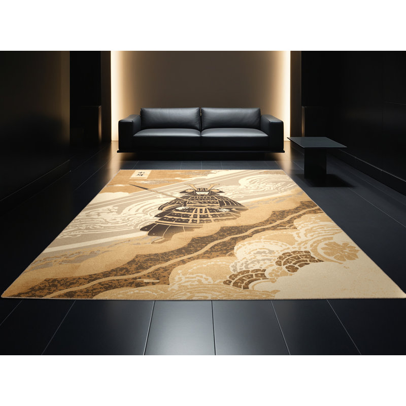 Tapis traditionnel lavable à la machine Ashrugu de couleur brun - beige, 8 x 10