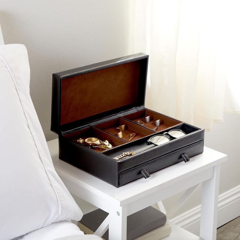 Black Watch Box With Leather Valet Tray