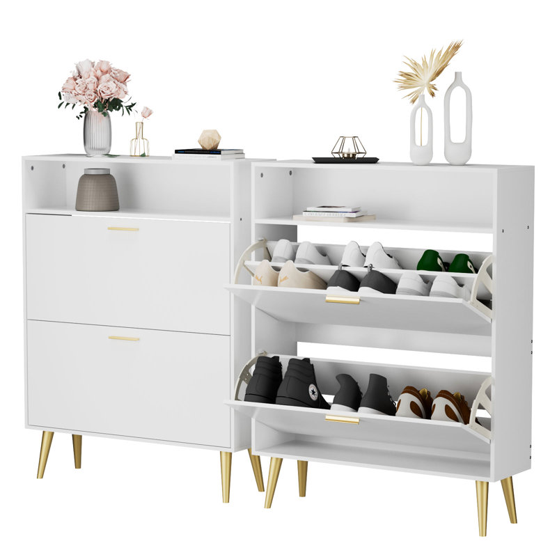 24-Pair Shoe Storage Cabinet with Bookshelf - Removable Dividers & Wooden Gold Legs, White