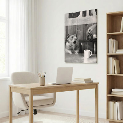 «Hamster Versing Coffee» en noir et blanc, reproduction d'art sur toile tendue sur toile, ensemble de 1