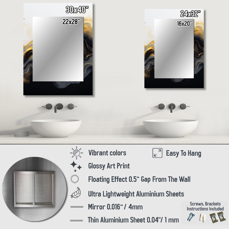 Gold and black Marble Essence II - Marble Decorative Mirror, Gold Wall Mirror, Printed Metal Art, 32" x 24"