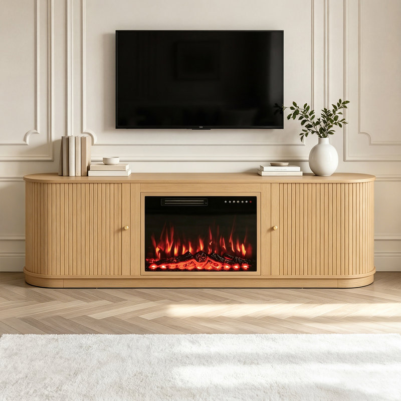 Meuble télé avec foyer Mid-Century, Chêne