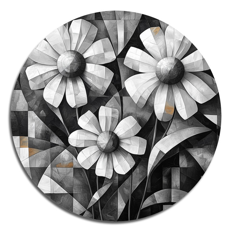Fleurs délicates géométriques monochromes - Art mural rond en métal Wildflowers, H 29 po x l 29 po