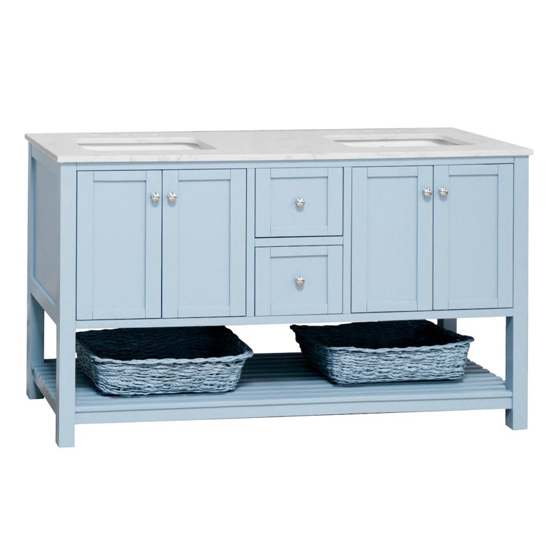 Binne 60'' Double Bathroom Vanity with Top, Powder Blue, Engineered Carrara