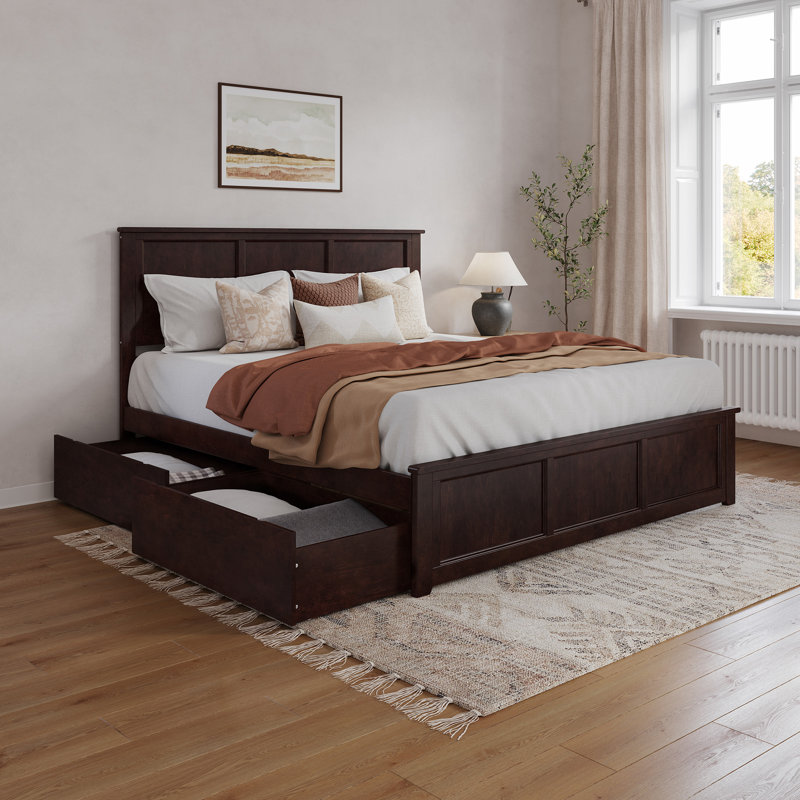 Madison Solid Wood Platform Bed with Matching Footboard & Storage Drawers , King, Espresso