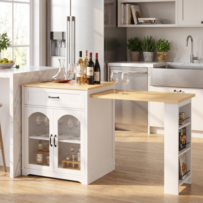 Table de comptoir extensible avec prise de courant intégrée, support à vin, porte-verre et tiroirs double-face - Armoire de bar mobile avec roulettes pour la cuisine et le bar