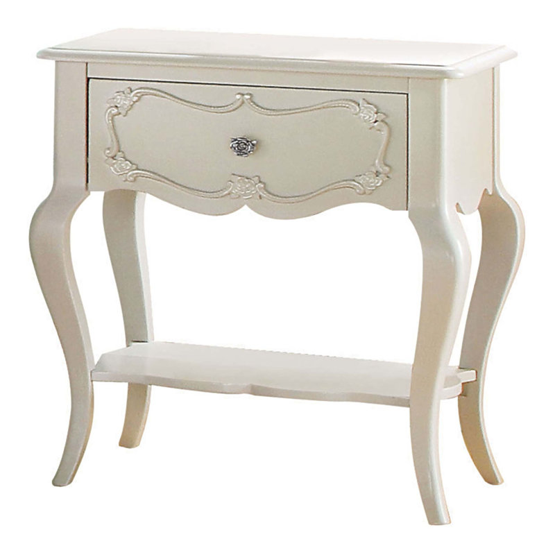 Table de chevet à 1 tiroir avec tablette Pearl, combinant un design élégant et un rangement pratique pour un ajout de chambre à coucher intemporel.