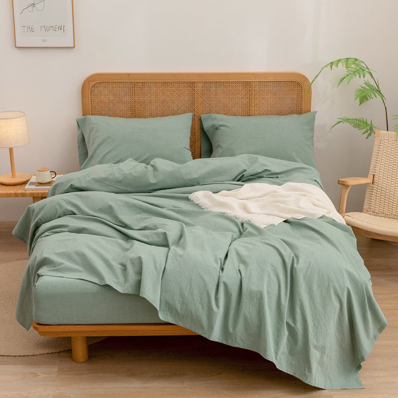 BESTOUCH Sheet Set 100% Washed Cotton Linen Feel Lightweight, California King Sheet Set with 2 Pillowcases, Green