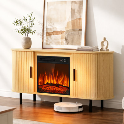 55" Fluted Fireplace TV Stand for TVs Up to 65 inches, with 18" Electric Fireplace, Curved TV Console with Sliding Doors for Living Room