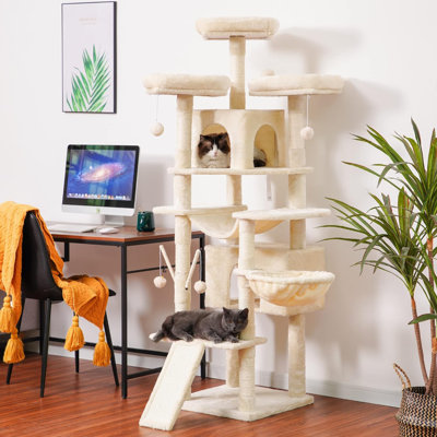 Cat Tree, 71 Inches XL Large Cat Tower For Indoor Cats, Multi-Level Cat House With 3 Padded Perches, Big Scratcher, Cozy Basket, 2 Cat Condos And Scratching Posts, MPJ034GR