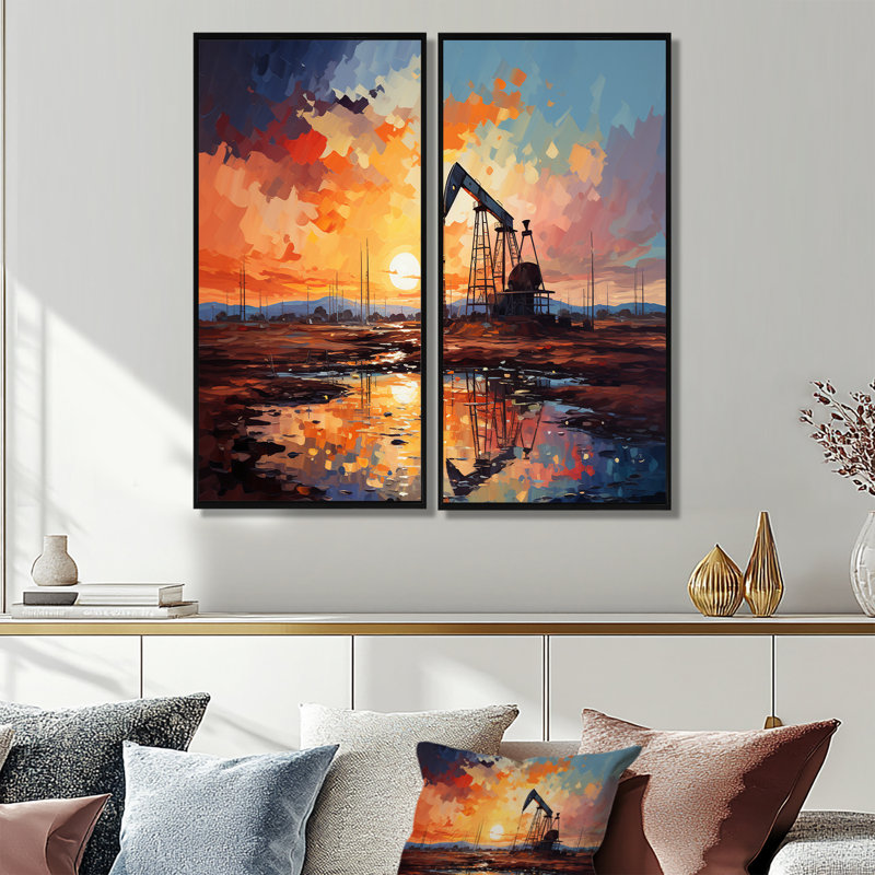 «Orange Oil Rigs Pumpjack In Texas II», art mural sur toile, 40" H x 40" W, Black, Impression encadrée flottante