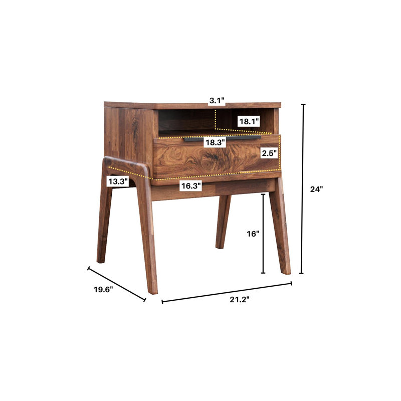 Mid-Century Modern Acacia Wood Nightstand with Black Handle